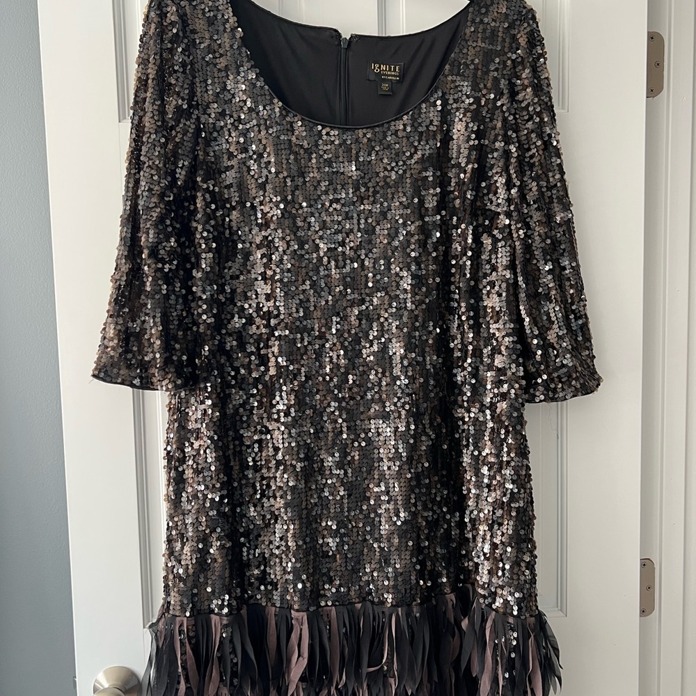 Sequin Black Dress with Feather Hem